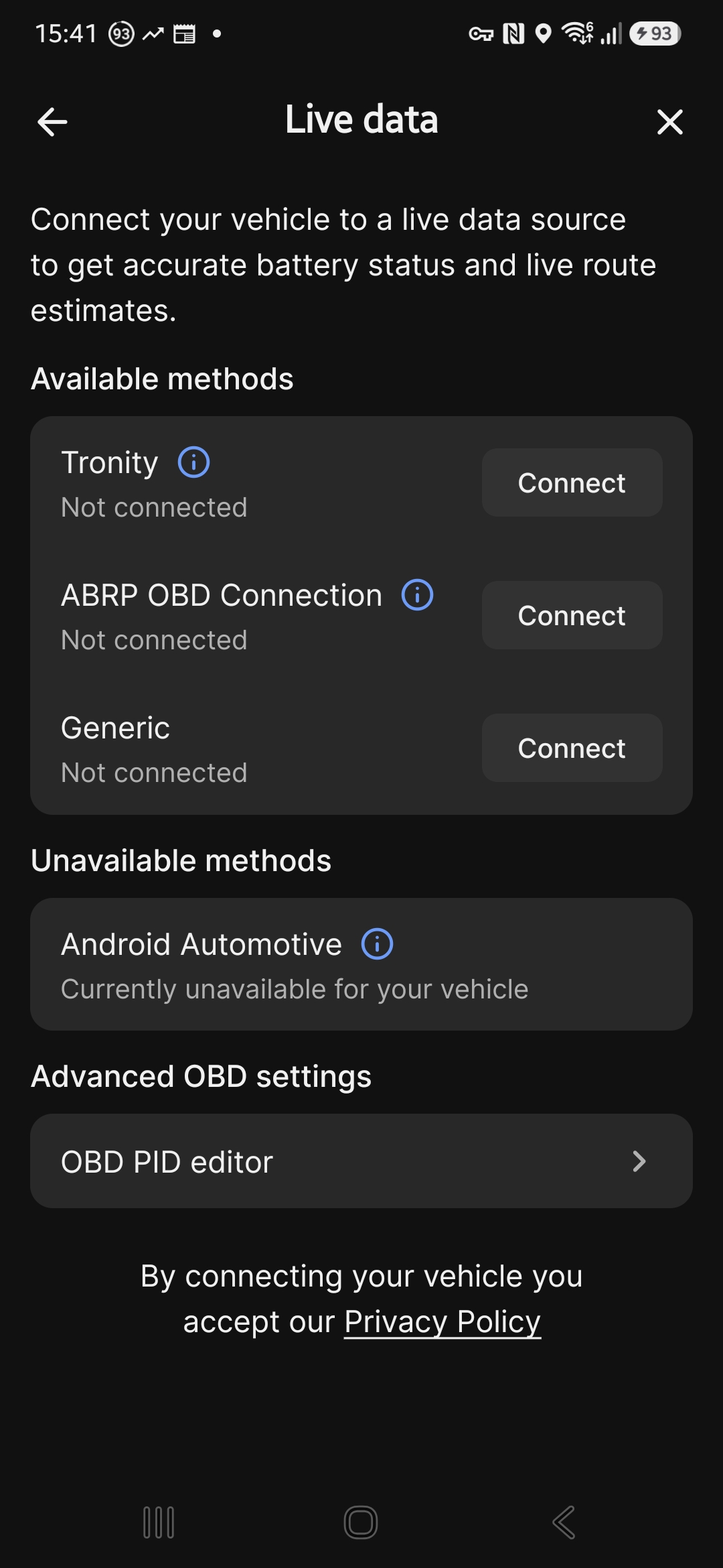 ABRP "Edit connections" screen with a BMW iX1 selected. Available methods: Tronity, ABRP OBD Connection, Generic. Unavailable methods: Android Automotive. Enode is not listed at all.
